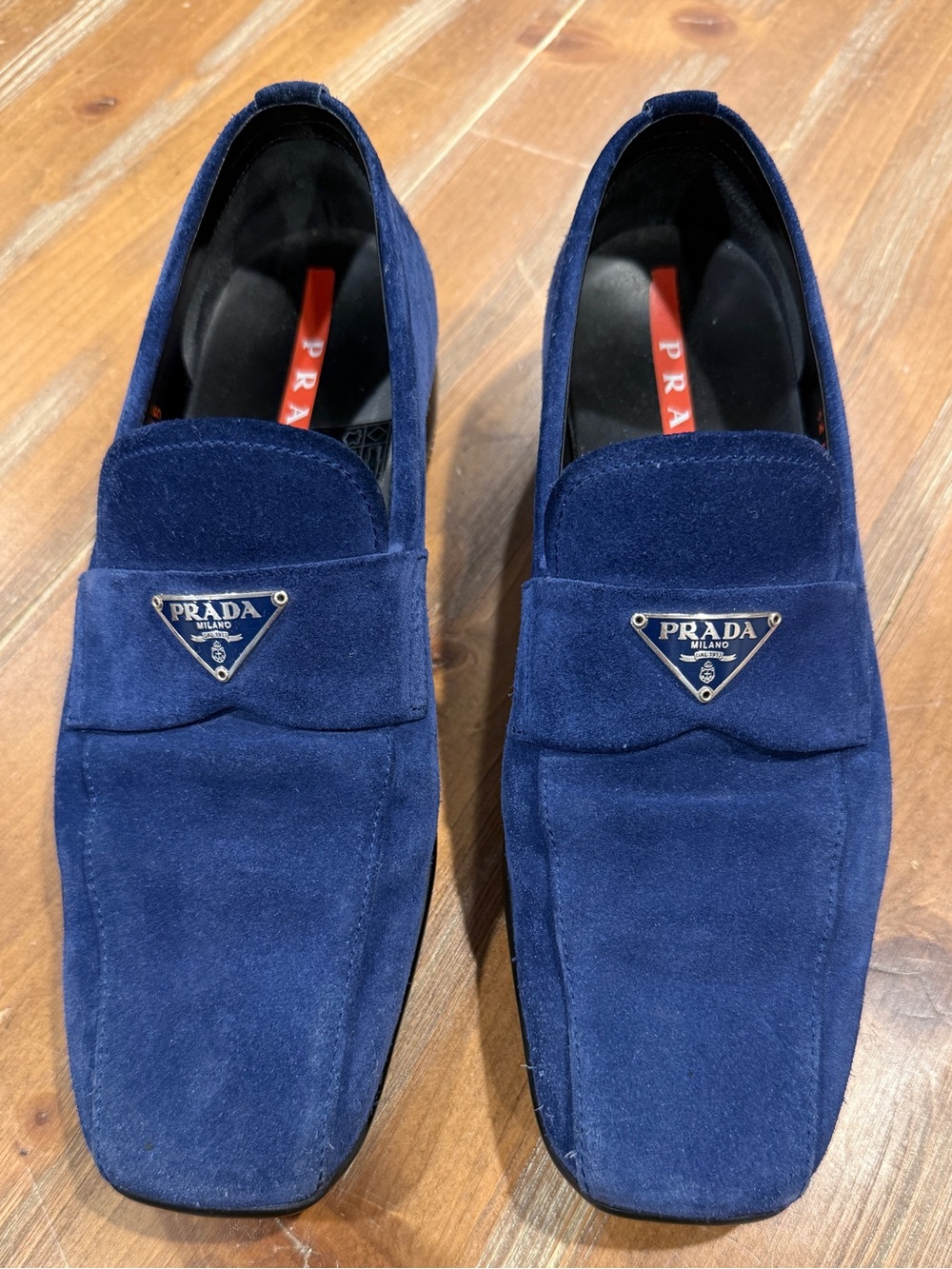Prada Enameled Triangle Logo Suede Loafers Blue Navy Women’s EU 35